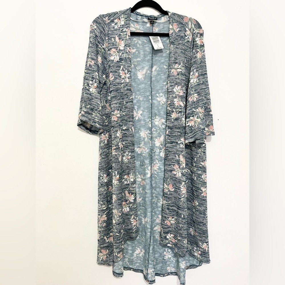 Torrid Women's Long Blue Floral Open Cardigan Sweater Duster large